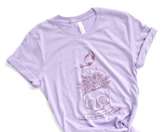 Purple on Purple Love Yourself To Death soft T-shirt, Skull and flowers watering can tee