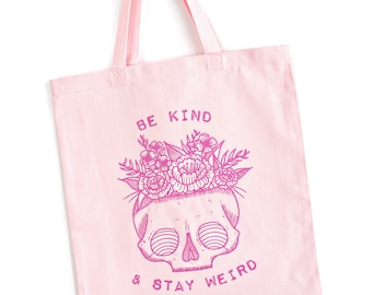 Pink Canvas Tote Bag, Skull and Flowers, Hand Screen Printed