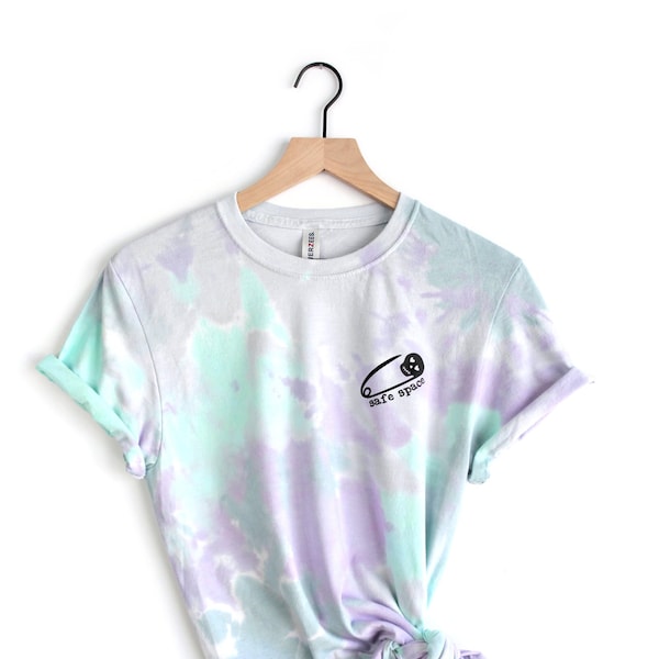 Safe Space Safety Pin shirt, Purple Blue Aqua Grey Tie Dye UNISEX T-shirt, pastel tie dye shirt, Dream tee, You're safe with me Pocket print