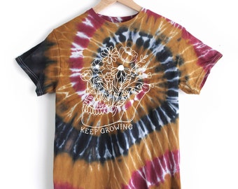 Keep Growing Tie Dye unisex T-shirt, mustard navy blue maroon spiral tee, Skeleton Mandible and flowers fall colored shit, keep going shirt