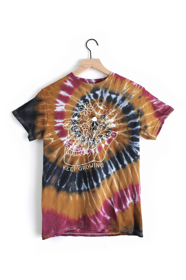 Keep Growing Tie Dye unisex T-shirt, mustard navy blue maroon spiral tee, Skeleton Mandible and flowers fall colored shit, keep going shirt image 1