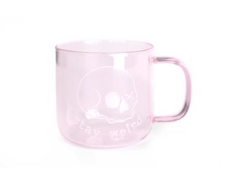 Stay weird mug, Skull Skeleton glass mug, Light Pink borosilicate mug, gifts for coffee drinkers, coffee mug, tea cup