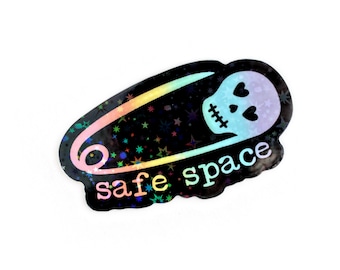 Safe Space Vinyl Sticker with galaxy holographic overlay, safe with me sticker, Skull Safety Pin sticker