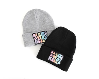 Be Kind and Stay Weird Beanie, Pastel Rainbow knit hat, Rainbow and black or grey wavy retro letting, winter skull hat