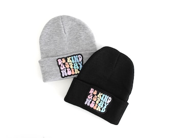 Be Kind Stay Weird Beanie, Pastel Rainbow Patch, Knit Winter Hat