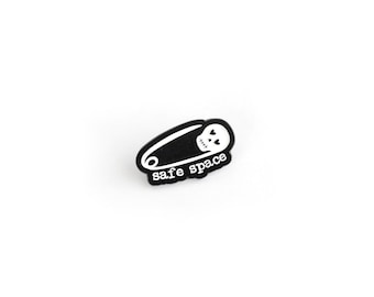 Safe Space Skull Safety Pin Enamel Pin, Enamel Pinback, black and white pin, Skull Pin