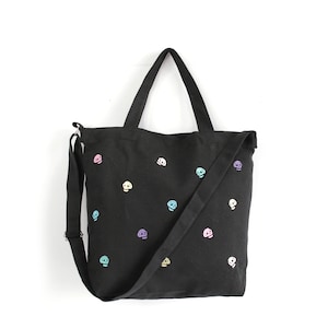 Canvas Embroidered Skull Purse, Canvas crossbody bag with colorful skulls, black canvas tote bag, skull gifts