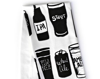 Craft Beer Tea towel, Beer Dish towel, decorative flour sack towel, black and white towel, beer gifts for the kitchen