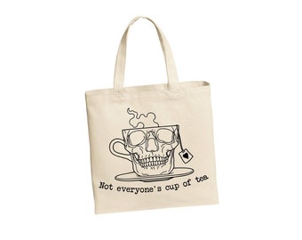 Not Everyone's Cup of Tea canvas tote bag, Skull tea cup reusable grocery bag, book tote, skeleton coffee mu