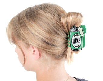 Green Beer Can Claw Hair Clip, Hair accessory for craft beer lovers, Beer foam Drink hair clip