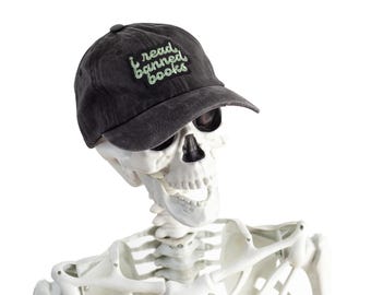 Vintage Wash Black Dad baseball Cap I Read Banned Books patch, distressed grey dad hat, retro lettering embroidered adjustable hat
