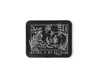 Nature is my Religion Iron On Patch, Black and white patch, skull iron on patch, woven nature patch, gifts for nature lovers, men and wowmen