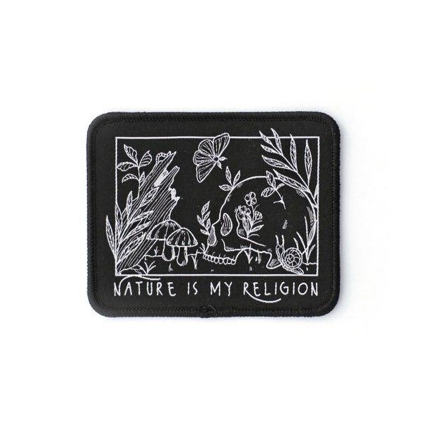 Nature is my Religion Iron On Patch, Black and white patch, skull iron on patch, woven nature patch, gifts for nature lovers, men and wowmen