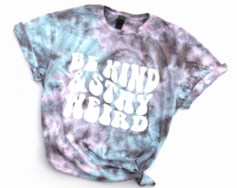 Blue purple gray Tie Dye UNISEX T-shirt, Be Kind Stay Weird shirt, super soft skull and flowers tee, retro wavy letter pastel top