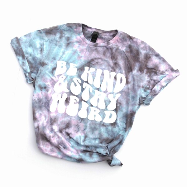 Blue purple gray Tie Dye UNISEX T-shirt, Be Kind Stay Weird shirt, super soft skull and flowers tee, retro wavy letter pastel top