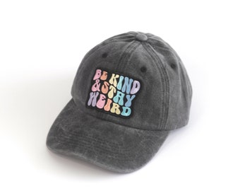 Be Kind and Stay Weird pastel rainbow Patch Baseball Cap,  dark gray dad hat, retro rainbow embroidered adjustable hat