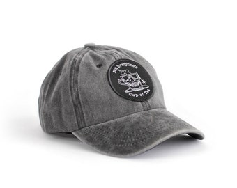 Baseball cap with Not Everyone's Cup of Tea Skull Patch, Grey / Black vintage washed dad hat, skull tea cup mug hat, baseball cap