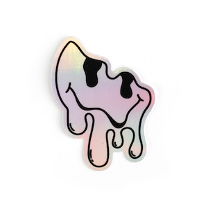 May include: A holographic sticker of a melting smiley face with black eyes and a black outline. The sticker is iridescent and has a rainbow effect.