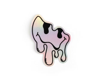 Holographic Dripping Melting Smiley Face Vinyl Sticker, holograph silver sticker, Smile stickers, vinyl stickers