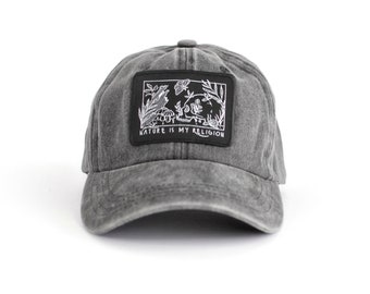 Baseball cap with Nature is my Religion Patch, black / Grey vintage washed dad hat, skull and flowers, nature and hiking hat, baseball cap