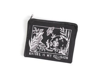 Black and White Nature is my Religion Zipper Bag, canvas Make Up Bag, Travel bag, Skulls and nature