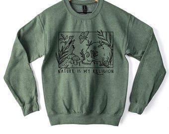 Nature is My Religion Green Crewneck Sweatshirt, Nature Scene with Skull and insects