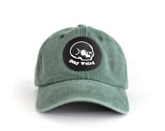 Stay Weird Skull Patch Baseball Cap, green vintage wash adjustable hat, low profile dad hat