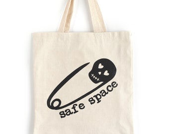 Safety Pin heavy canvas tote bag, Natural color reusable shoulder bag, Safe with me bag, Skull safety Pin book Bag