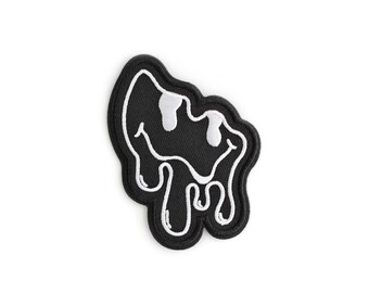 Embroidered Dripping Melting Smiley Face Iron on Patch, black and white, embroidered, smiley face patch, for women or men, for kids