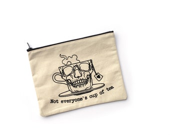 Not Everyone's Cup of Tea Zipper Pouch, Natural Canvas Zipper bag, make up bag, travel pouch, gifts for women, Skull gifts