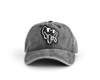 Vintage Wash Gray Baseball Cap with Dripping Smiley Face Patch