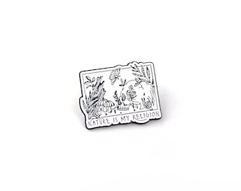 Nature is my Religion Soft Enamel Pin, black and white skull Pin back, Metal enamel pin back, gifts for weirdos, gifts for nature lovers