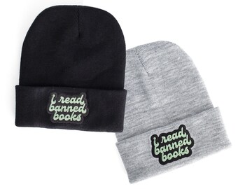 I Read Banned Books Beanie, Embroidered Patch Knit Hat