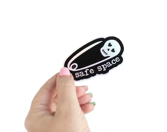 Safe Space Vinyl Sticker with silver holographic oil slick chrome, safe with me sticker, Skull Safety Pin sticker, iridescent skull sticker