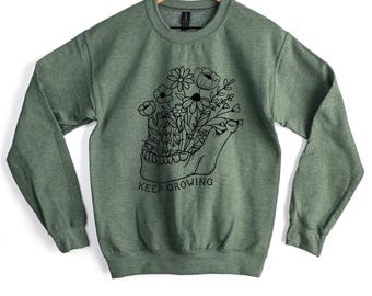 Keep Growing Heather Green Crewneck Sweatshirt, Skull mandible with flowers