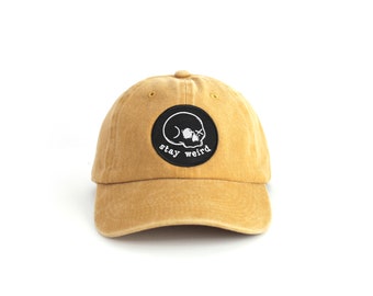 Stay Weird Skull Baseball Cap, Vintage Wash Mustard Yellow adjustable hat, Skull dad hat, Stay Weird Gifts