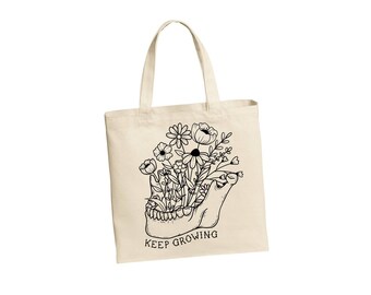 Keep Growing -  Skulls Flowers - canvas tote bag