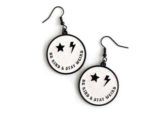 Smiley Face Earrings,  Be Kind & Stay Weird Earrings, Black and white Glitter dangle Earrings