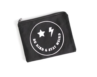 Be Kind and Stay Weird Zipper Pouch, black canvas, Smiley face travel bag with star and lightning bolt, Make up bag for women