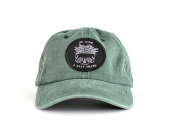 Baseball cap with Be Kind and Stay Weird Skull Patch, Green vintage washed dad hat, skull and flowers hat, baseball cap