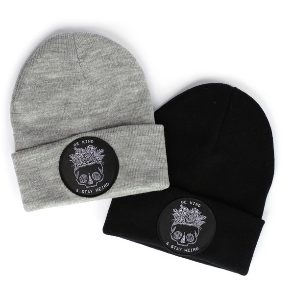 Be Kind & Stay Weird Skull and Flowers Beanie // Black or Grey knit hat