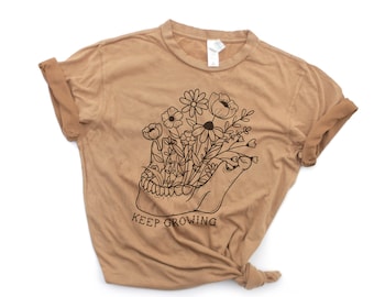 Keep Growing Skull and flowers -  Soft vintage wash burnt mustard natural camel t-shirt