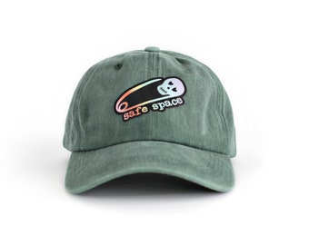 Baseball cap with Safe Space Woven Patch, Pastel Rainbow Skull Safety Pin Green vintage washed dad hat, baseball cap