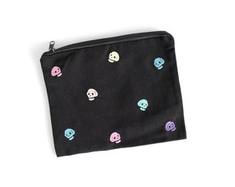 Black Canvas Zipper bag with multi colored embroidered skulls, Zip Pouch, canvas make up bag, clutch purse