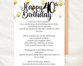 40th Birthday Card Printable Milestone Birthday Card for Her Digital Foldable Card Golden Balloons Instant Download 40 Years Celebration