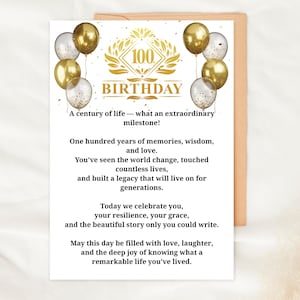 Tarjeta imprimible de cumpleaños número 100, plegable, digital, con globos dorados, ideal para él o ella, ideal para un cumpleaños memorable, ideal para un centenario.