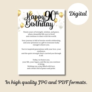 以下が含まれることがあります： 「Happy 90th Birthday」と書かれたデジタルバースデーカード。 金と白の風船、紙吹雪、90年の人生を祝う心からのメッセージが特徴です。 JPGとPDF形式で利用できます。