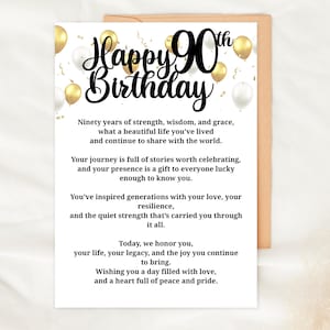 以下が含まれることがあります： 「Happy 90th Birthday」と書かれた誕生日カード。 金と白の風船、紙吹雪、そして力と知恵に満ちた人生を祝う心からのメッセージが特徴です。 カードはニュートラルな背景にあります。
