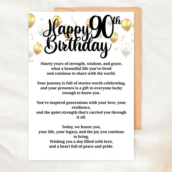 90th Birthday Card Printable Foldable Poem Card for Her or Him Digital Milestone Card Gold White Balloons Instant Download 90th Celebration
