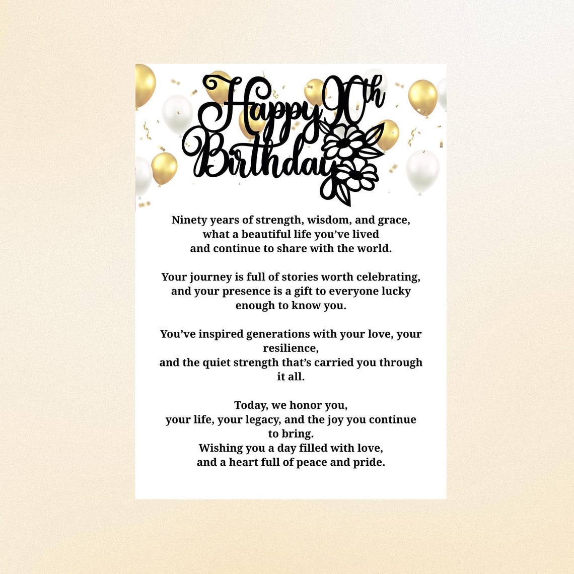 90th Birthday Card Printable Foldable Poem Card for Her or Him Digital ...